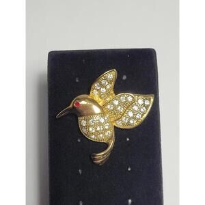 Signed ROMAN Goldtone Hummingbird Brooch Clear Rhinestones Red Eye Accents